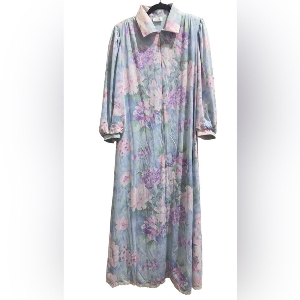 Vintage 70s Lucie Ann House Coat Dress Maxi Pockets Womens Size L , Blue Floral
